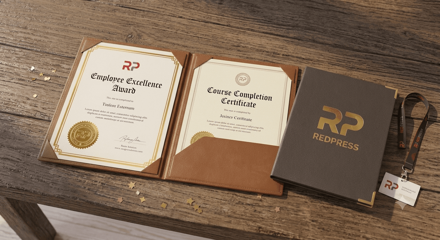 Award certificate printing Singapore with branded certificate holders by Redpress