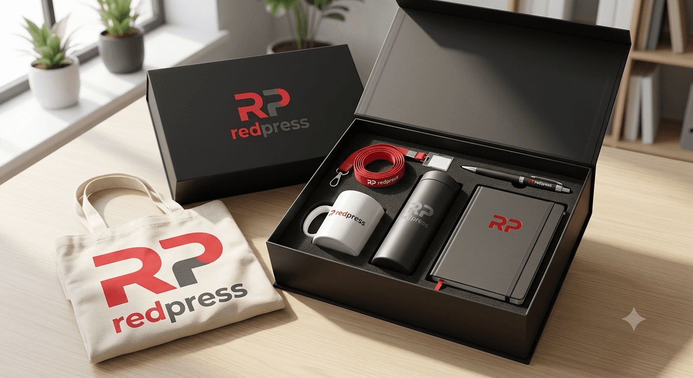 Redpress branded corporate gift set with tumbler, notebook, pen, and tote bag
