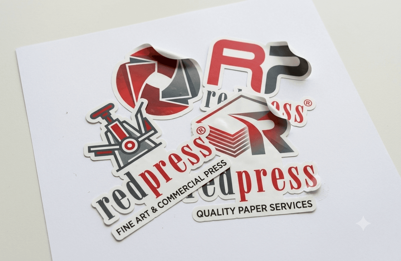 Custom die-cut Redpress logo stickers printed in Singapore